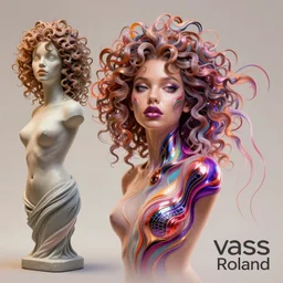 Vass Roland cover art body art future bass girl unwrapped!!!!! smooth body fabric unfolds statue bust curls!!!! of hair petite lush front and side view body photography model full body curly jellyfish lips art contrast vibrant futuristic fabric skin jellyfish material metal veins style of Jonathan Zawada, Thisset colours simple background objective