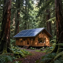solarpunk house, in a magical redwood forest, photo