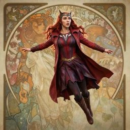 scarlet witch soaring in the sky, nostalgia, very detailed texture, realistic shaded lighting, studio quality, digital art, background style by alphonse mucha, unreal engine 5 rendered, octane rendered, pinnacle studio, naturel, trending on artstation, art style by nixeu and ian sprigger