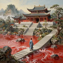 a gorgeous landscape painting by barlowe wayne maxfield parrish and marco mazzoni. chinese temple. a lonely chinese taoist in grey blue long gown walks on the winding steps. ultra clear detailed. 3 d, octane render. turbulent blood lake.