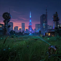 urbex by henri rousseau, at night steampunk at dawn hyperrealism meadow cyberpunk tokyo vaporwave laser uv light elysian, archdaily, wallpaper, highly detailed, trending on artstation.