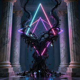 genesis by billells, vines dripping black iridescent liquid, geometric neon, moody, dramatic, introspective, marble columns in background, transcendent, vibrant color, clean linework, finely detailed, 4 k, trending on artstation, photorealistic, volumetric lighting, octane render