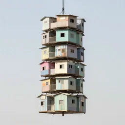 a suspended tower made up of makeshift squatter shacks with pastel colours, mamiya, f 1 1, fully frontal view, uniform plain sky, photographed by julie blackmon