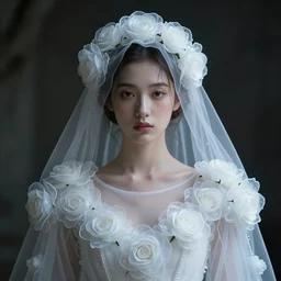 hight focus f - 2 2, 8 5 mm : a wonderful realistic focused portrait of a lonely woman with a detailed wonderful symmetrical face who is dressed with a wonderful, majestic, large semi transparent white cotton dress ornate with semi transparent cotton roses and semi transparent white veils, accent white lighting, dramatic light, octane render by roberto ferri, fantasy art, photo realistic, artstation, poster, - 8 k