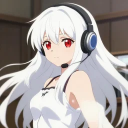 anime portrait of white long haired red eyed young cute girl wearing headset, smooth facial features, dynamic pose, pixiv, yoshinari yoh, makoto shinkai, takashi takeuchi, kyoani, hayao miyazaki, 4 k