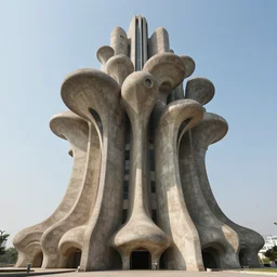 a sci - fi beautiful brutalist hypermodern monument, with many rounded elements sprouting from the base tower creating a feel of an organic structure, photography