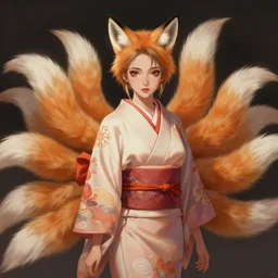 An beautiful digital painting of a woman with fox ears and nine tails wearing a kimono, by Stanley Artgerm Lau, WLOP, Rossdraws, James Jean, Andrei Riabovitchev, Marc Simonetti, and Sakimichan, trending on artstation