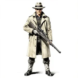 full body portrait of blonde viktor reznov from call of duty : world at war with a beige coat, a blonde goatee, short hair, beige fedora, and sunglasses, holding a wooden sniper rifle, establishing shot, by yoji shinkawa, metal gear concept art, ink, black and white, white background
