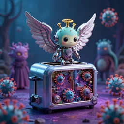 Cute Coronavirus Creatures, Infernal Nymph, The Graveyard, cinematic, hyper realism, high detail, octane render, unreal engine, 8k, vibrant color, Mechanical Angel, futuristic toaster with complex circuitry, Integrating with Technology, by dom qwek and andrea chiampo