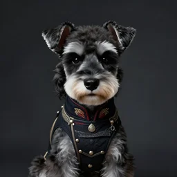 portrait of stoic looking miniature schnauzer, military uniform, black fir, white eyebrows, fantasy, intricate, elegant, highly detailed, centered, dark, smokey, digital painting, artstation, concept art, smooth, sharp focus, illustration, art by artgerm and greg rutkowski and alphonse mucha, koji morimoto, katsuya terada, masamune shirow, tatsuyuki tanaka hd