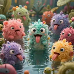 intricate murky colorful pond with strange cute fluffy cyberpunk friendly happy creatures with huge eyes long tongue and funny face appearing from the water, in the style of craola, macro lens, shallow depth of field, highly detailed, digital painting, trending artstation, concept art, illustration, cinematic lighting, vibrant colors, photorealism, epic, octane render