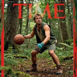 a hobbit wearing hiking boots and teal gloves playing basketball in a forest, cover of time magazine, by bonestell chesley