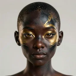 a stunning ultra detailed fantasy fine art portrait photo of a girl, 3 d model, by tom bagshaw, artgerm and natalie shau, black skin with gold makeup, black and gold face paint, shaved head, 2 4 mm lens, unreal engine, deep depth of field, perfect eyes and face, volumetric lighting, artstation, 8 k
