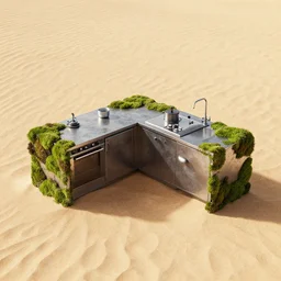 kitchen made of rectangle tetris, made of steel and moss, octane render, trending on artstation, on hard desert sand floor