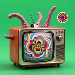 textured 1 9 5 0 s television with tentacles coming out of it. sticker. psychedelic. colorful. stylized. greenscreen background