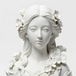 full head and shoulders, beautiful female porcelain sculpture by daniel arsham and james jean, smooth, all white features on a white background, delicate facial features, white eyes, white lashes, detailed white 3 d different species of flowers
