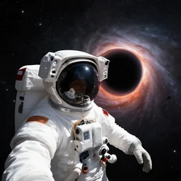 an astronaut is taking a selfie in front of a black hole