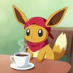 sylveon wearing a bandanna at a table with cup of coffee by artgerm
