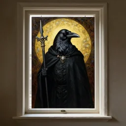 portrait centered on a raven in a vantablack cloak and holding a symbolic weapon. painting in the style of symbolism. portrait hung up in a windows 9 8 wallpaper. r / oldschoolfantasy