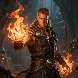 A fantasy comic book style portrait painting of a Channing Tatum as a godlike Sorcerer casting a fire spell, unreal 5, DAZ, hyperrealistic, octane render, RPG portrait, ambient light, dynamic lighting