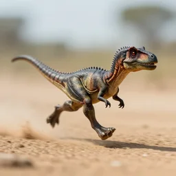action photography, viewed from far away, award winning macro photo of a tiny intricate dinosaur running fast on a very dusty road, fast shutter speed, motion blur, highly detailed, highly intricate, depth of field, national geographic