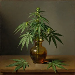 Dutch still life from the 1600s, old oil painting: Cannabis plant in vase, Cannabis leafs