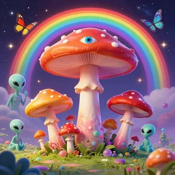 psychedelic mushrooms, enchanted alien world, mushrooms on the ground, aliens, galaxy in the sky, butterflies, occult, illuminati, third eye, rainbows, bright colors, psychedelic, vector art, honeycomb, dripping, fire, high contrast, fantasy poster by helen huang and frank frazetta and salvador dali and norman rockwell, anime style