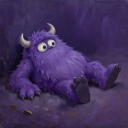 an awkward monster lays on the bottom of the ground after it fell to the ground and is very ashamed of it, awkward situation, realistic oil painting, dark purple colors, funny