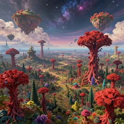 a view of a surreal alien variated planetary fractal landscape with gigantic and small colorful red weird trees and flora in a large alien forest scattered across the vast landscapes, surreal clouds, floating islands, 8 k, retro, detailed, vibrant, weird skies, extradimensional, stars, galaxies, trending on artstation