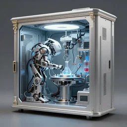 futuristic robotic neoclassical computer case cybernetic symbiosis hybrid mri 3 d printer machine making a bio chemical lab, sci - fi, highly detailed, digital painting,, artstation, concept art, sharp focus, illustration, octane render, art by greg rutkowski and artgerm and alphonse mucha,, f 3 2,
