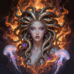 portrait of medusa gorgon. intricate, centered, amazing composition by amano yoshitaka, by rembrandt, illustrious makinami, digital art, digital painting, artstation trending, unreal engine, fractal flame, transparent jellyfish, transparent feathers, bio luminescent, amethyst