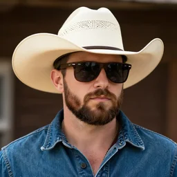 a 4 k photorealistic photo medium shot of a man with a beard wearing sunglasses and a cowboy hat.