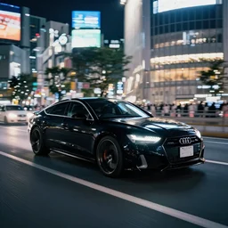 photo of a black elongated audi a 7 sportsback at night driving fast through a shibuya, cinematic, 4 k, long exposure photography, tokyo drift, fast and furious, kodak portra 4 0 0