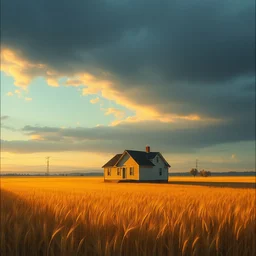 my dream of suburban house in a grain field, golden hour, uncanny