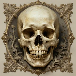 a beautiful detailed front view of a dead rotten skull with ornate growing around, ornamentation, baroque architecture, elegant, beautifully soft lit, by wayne barlowe, peter mohrbacher, kelly mckernan
