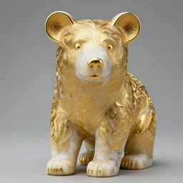 a gorgeous bear statue with gold filigree, carved marble