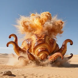a giant croissant monster with tentacles exploding in the middle of a desert, photorealistic, ultra high resolution, ultra detailed