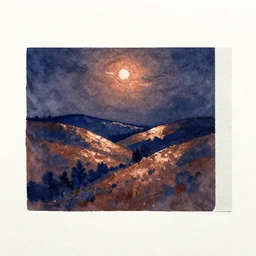 small centered on watercolor paper, paint brush strokes, abstract watercolor painting of copper glistering night over blueberry hills, cinematic light, american romanticism by hans dahl, by jesper ejsing, by anders zorn, by greg rutkowski, by greg manchess, by tyler edlin