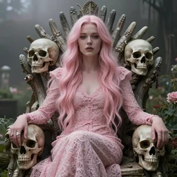 cinestill 5 0 d portrait of a dreamy beautiful woman britt marling 3 / 4 by roversi sitting on a skulls throne in a misty garden, long hair, wearing lace, 3 5 mm lens, 8 k, elegant, highly detailed, pale mute pink matt, soft blur, artstation, sharp focus, head in focus