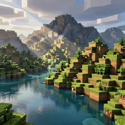 lakeside mountains, in minecraft