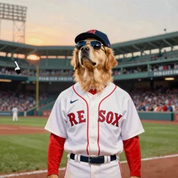the red sox left fielder, a golden retriever dog wearing sunglasses, full uniform, baseball shirt and hat, looks up wistfully and bravely at the sky in fenway park, pulitzer prize winning photo, 2 5 mm portra, film grain, diffused light, sunset, 8 k, in style of oil painting by minerva teichert