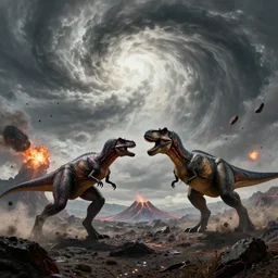prehistoric alien yajuta predator battling a tyrannosaurus, dinosaur slayer, volcanic landscape, dynamic storm clouds vortex, meteor asteroids crashing, epic cinematic matte painting,