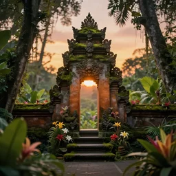 a jungle temple surrounded by moss and tropical flowers, with a sunset, by alex horley, bokeh photography