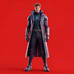 a man in a futuristic suit standing in front of a red background, cyberpunk art by senior character artist, featured on polycount, neo - dada, anaglyph effect, anaglyph filter, prerendered graphics,