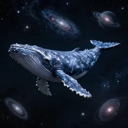 high quality photo of big whale floating in dark beautiful space filled with stars, planets and galaxies, photorealism, 8k, extremely detailed