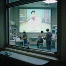 fuji 5 0 r, 3 5 mm ; closeup film still of busy medical bay interior with table side window lookout view like ; in the background projection of beautiful hyperrealistic film still from ronin movie of seinen manga ballerina scene in style of 1 9 9 0 frontier in porcelain 3 5 mm photography magazine architectural studio edition, highly detailed, cinematic lighting, 8 k