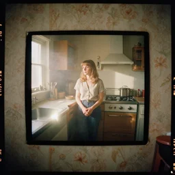 kodak portra 4 0 0, wetplate, flashlight, 8 mm extreme fisheye, award - winning colour portrait by britt marling : a sunlit 1 9 6 0 s kitchen, quadratic quadratic picture frames, haze, wallpaper, smoke, fog, no people