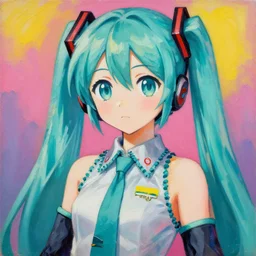a portrait of serious Hatsune miku by Wayne Thiebaud, painting by Wayne Thiebaud, heavy pigment, colourful, heavy impasto technique, anime style, big eyes, space age pop