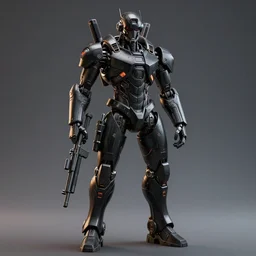 futuristic black colored combat android, holding rifle, symmetrical, octane render, blender, hd, unreal engine, maya, cinematic lighting