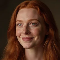 lovely woman, serene smile, long red hair, green eyes, small nose with freckles, smooth oval shape face, empathic, expressive emotions, dramatic lights spiritual scene, hyper realistic ultrafine art by armstrong rolf